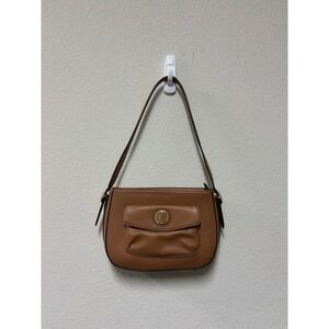 Anne Klein Brown Tan Vintage Leather Shoulder Bag - Gold Lion Crest Medallion